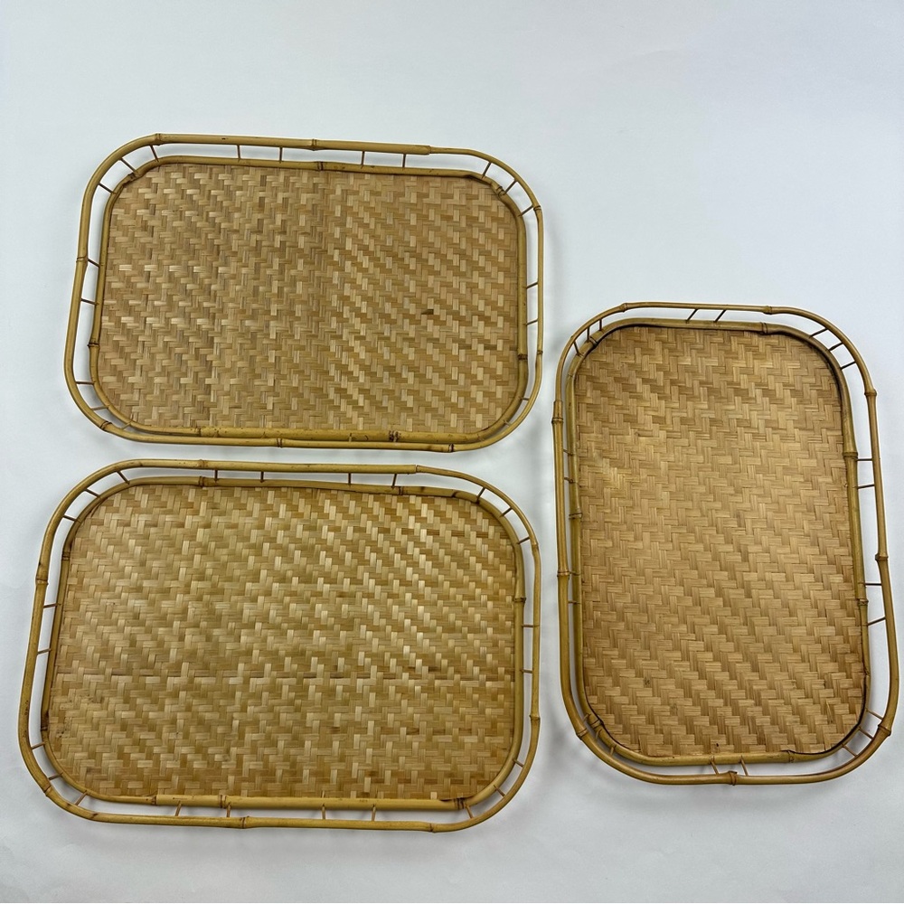 Vintage Rattan Bamboo Tiki Serving Trays